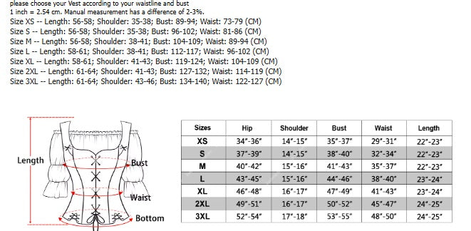 Size chart costume viking woman