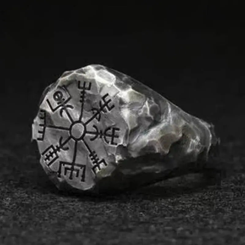 Vintage Viking Steel Ring with Odin Totem Compass Design