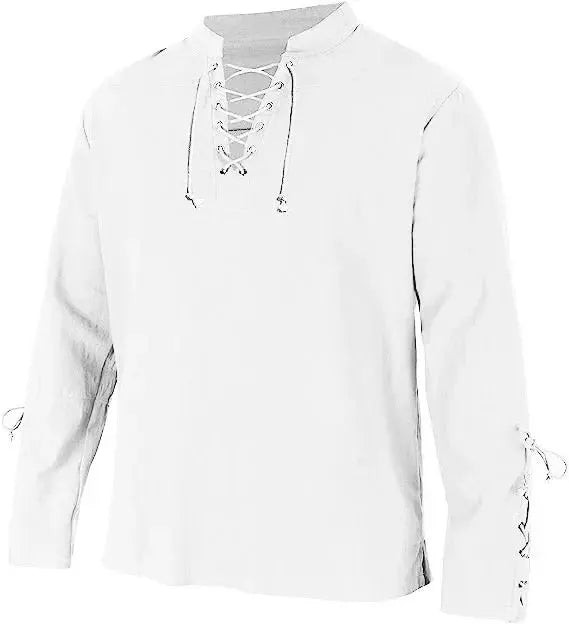 Men's Cotton Linen Lace-Up Shirt white