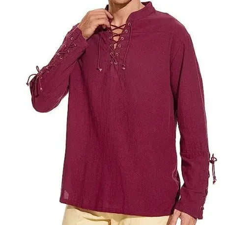 Men's Cotton Linen Lace-Up Shirt red