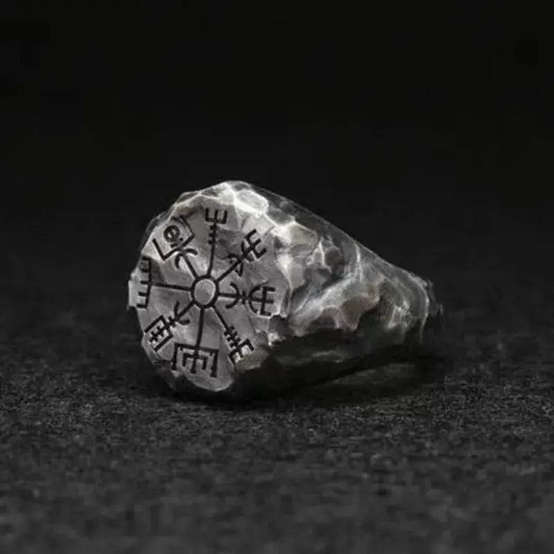 Vintage Viking Steel Ring with Odin Totem Compass Design