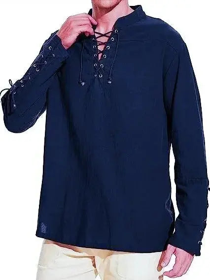 Men's Cotton Linen Lace-Up Shirt blue