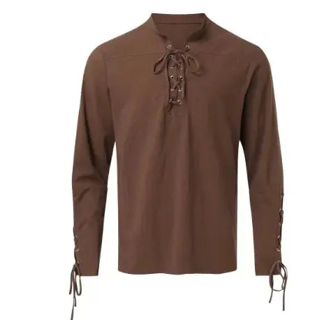 Men's Cotton Linen Lace-Up Shirt brown