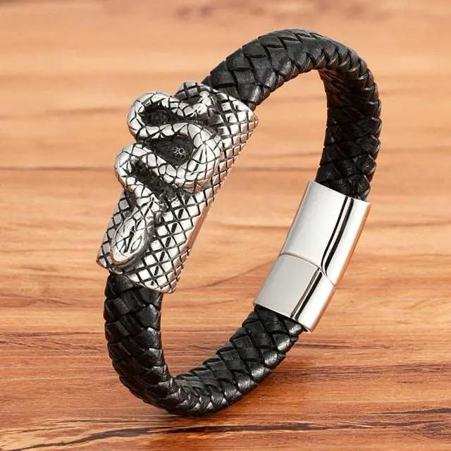 Black Leather Snake Bracelet - Viking Heritage Store