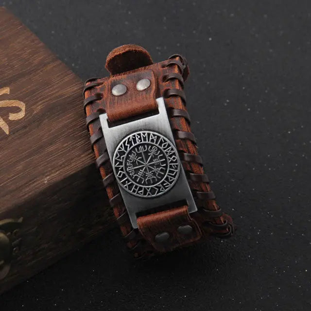 Leather Buckle Arm Cuff Brown With Vegvisir - Viking Heritage Store