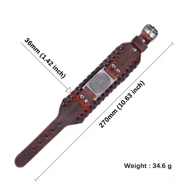 Leather Buckle Arm Cuff Brown With Vegvisir - Viking Heritage Store