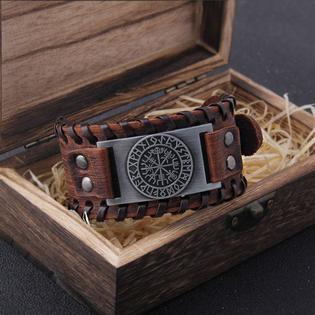 Leather Buckle Arm Cuff Brown With Vegvisir - Viking Heritage Store