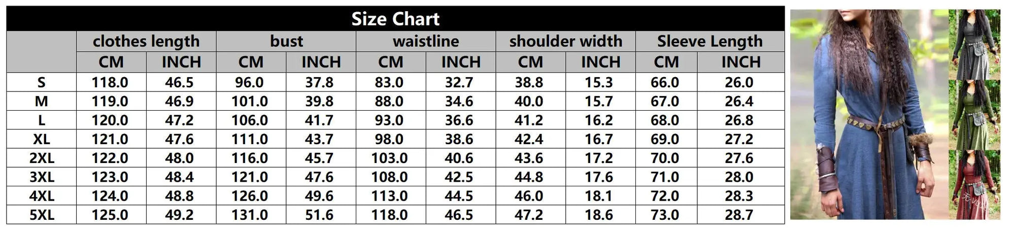 Viking Dress size chart